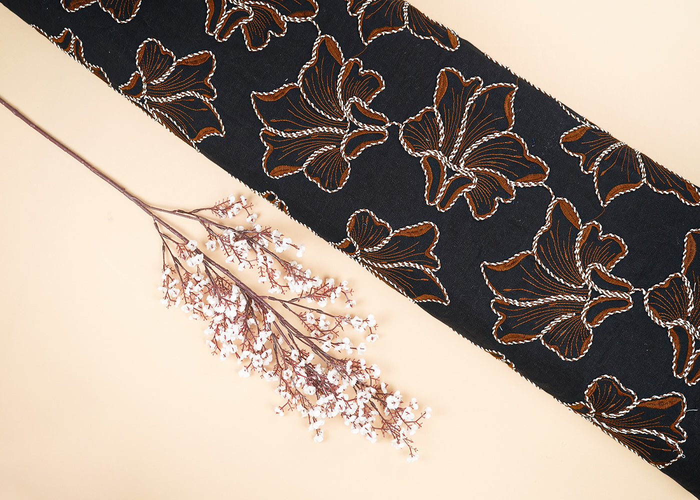 Black Flex Cotton Fabric With All Over Brown Thread And Dori Work  22652