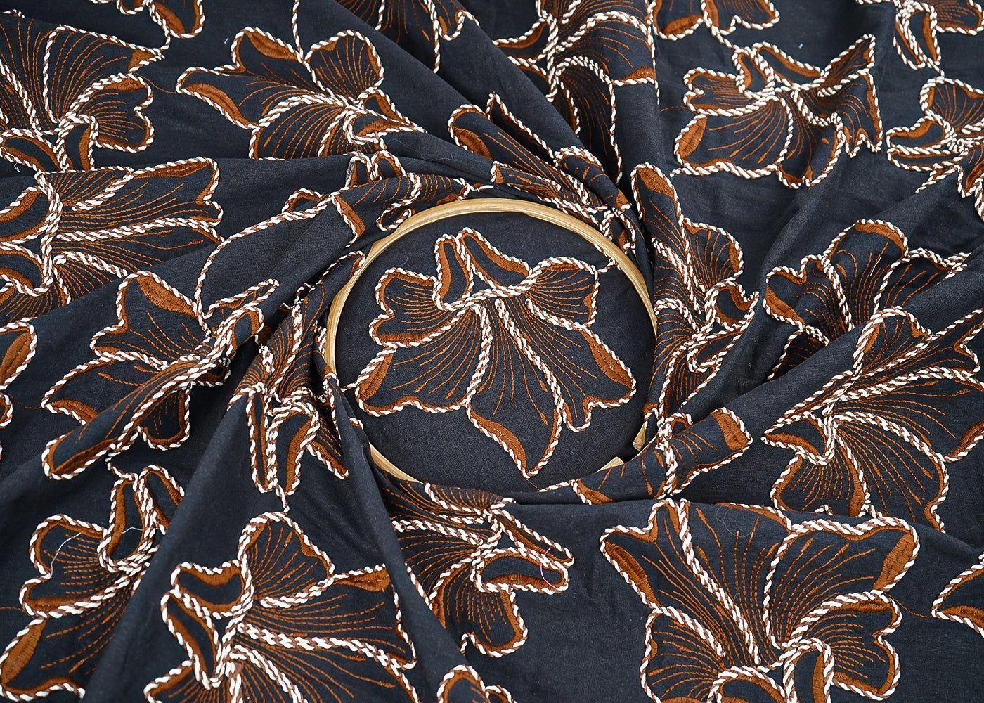 Black Flex Cotton Fabric With All Over Brown Thread And Dori Work  22652