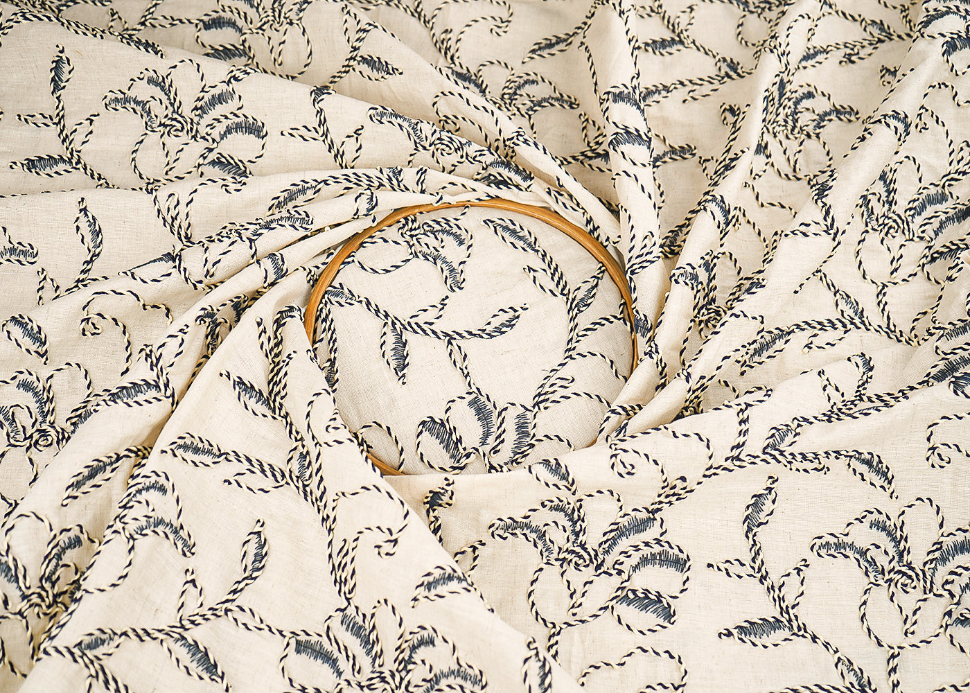 White Flex Cotton Fabric With All Over Floral Thread And Dori Work 22653