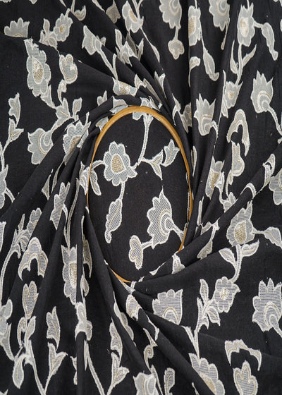 Black Khadi Cotton Fabric With All Over Sequins, Thread And Patch Work 22657