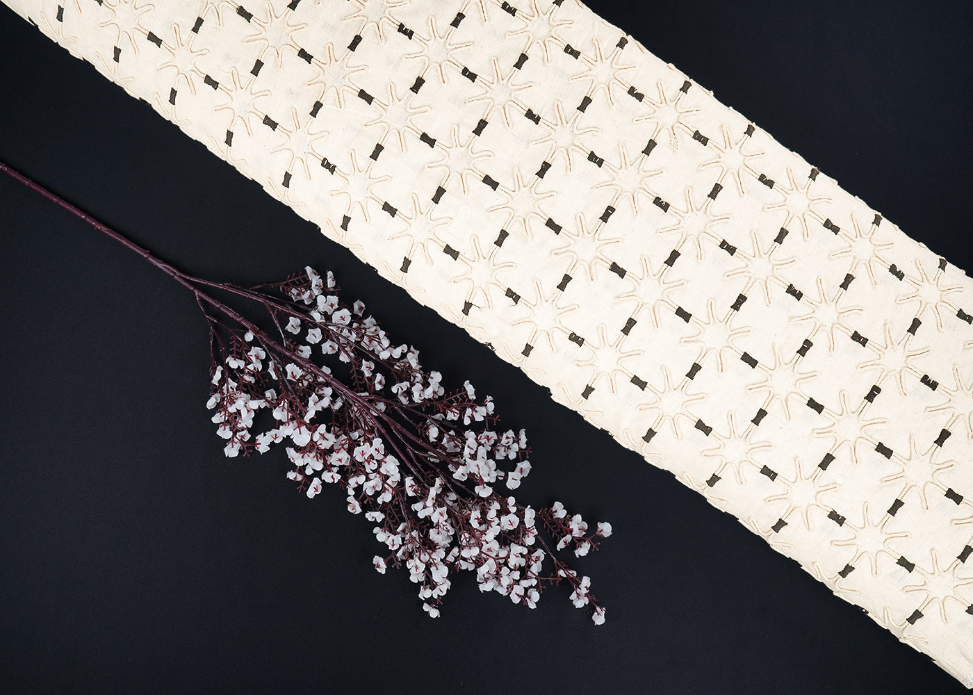 White Flex Cotton Fabric With All Over Thread And Dori Work  22659