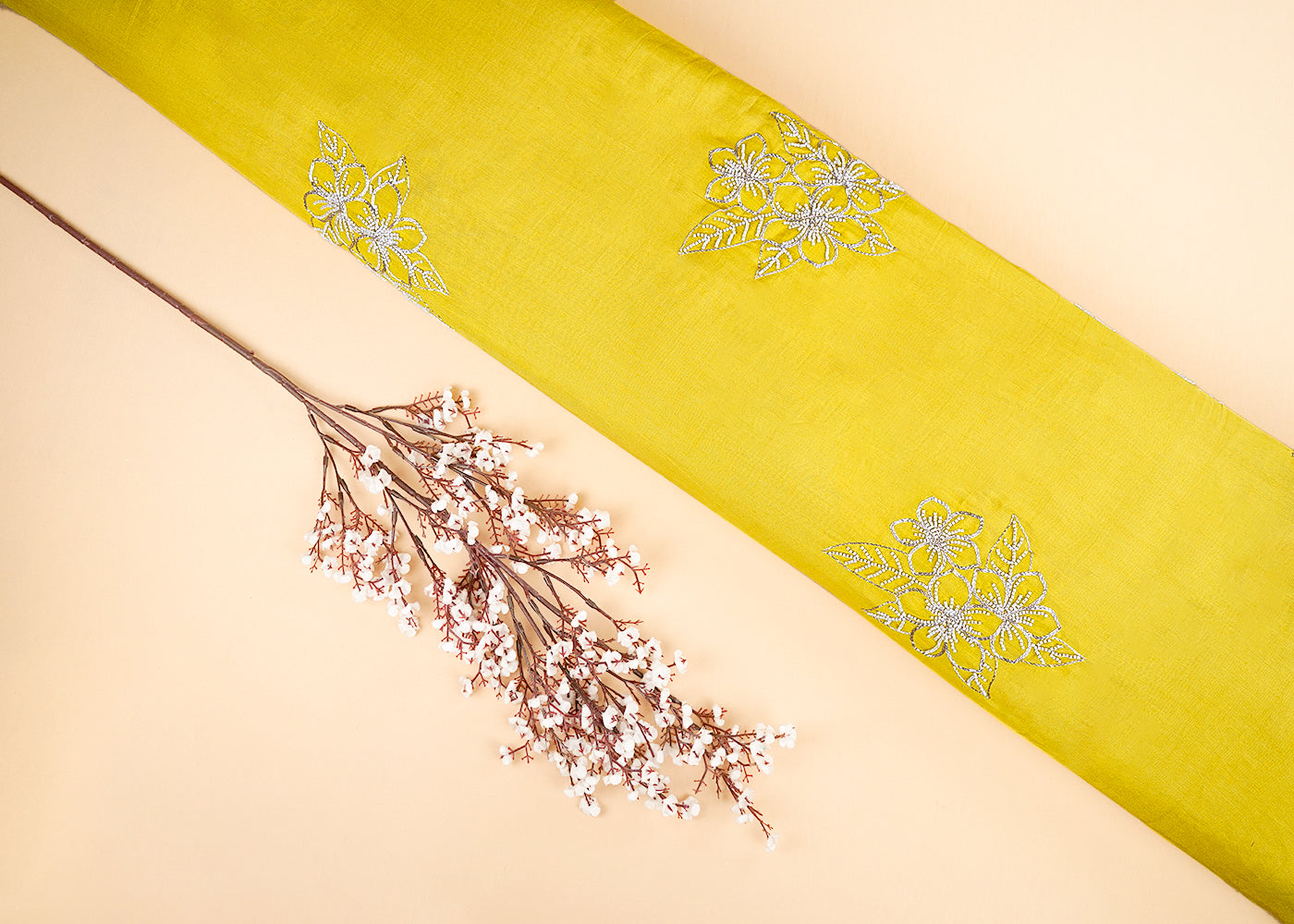 Yellow Cotton Linen Fabric With All Over Floral Zari And Katdana Work 22666