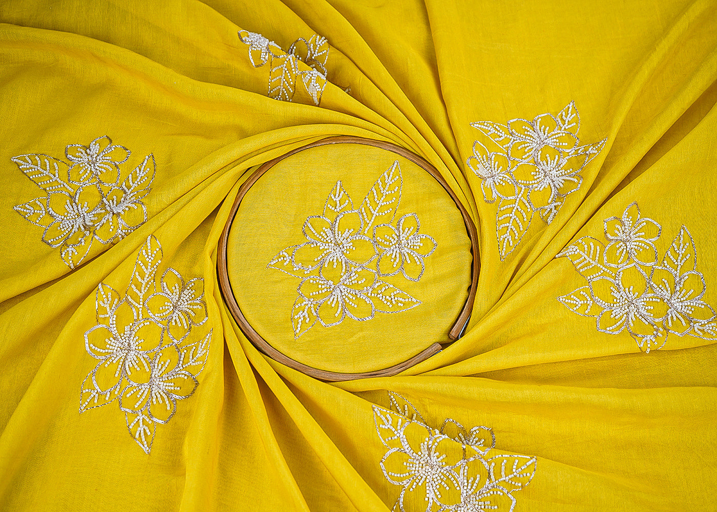 Yellow Cotton Linen Fabric With All Over Floral Zari And Katdana Work 22666