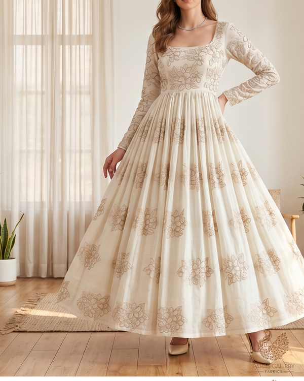 White Dyeable Cotton Linen Fabric With All Over Floral Zari And Katdana Work 22667