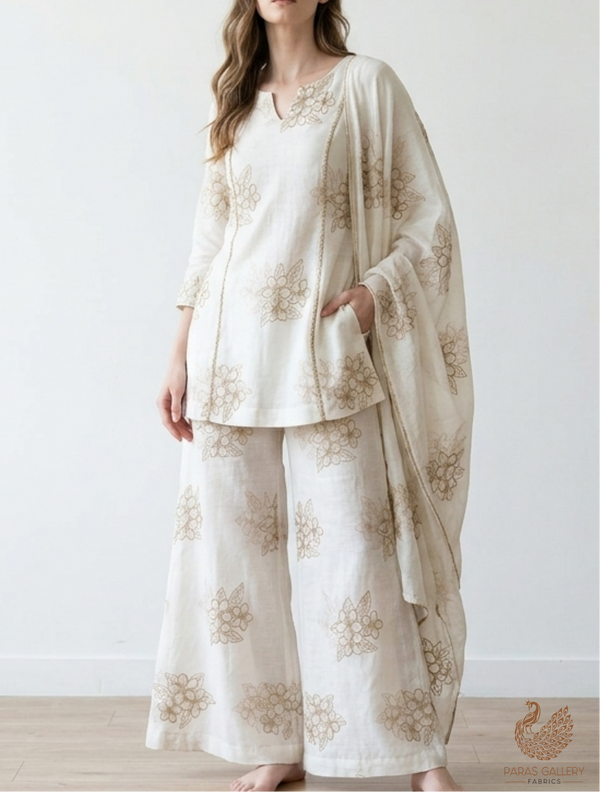 White Dyeable Cotton Linen Fabric With All Over Floral Zari And Katdana Work 22667
