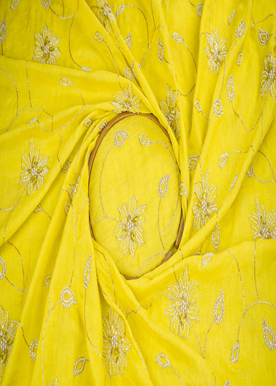 Lemon Yellow Cotton Linen Fabric With All Over Zari, Sequins, Katdana And Bead Work 22670