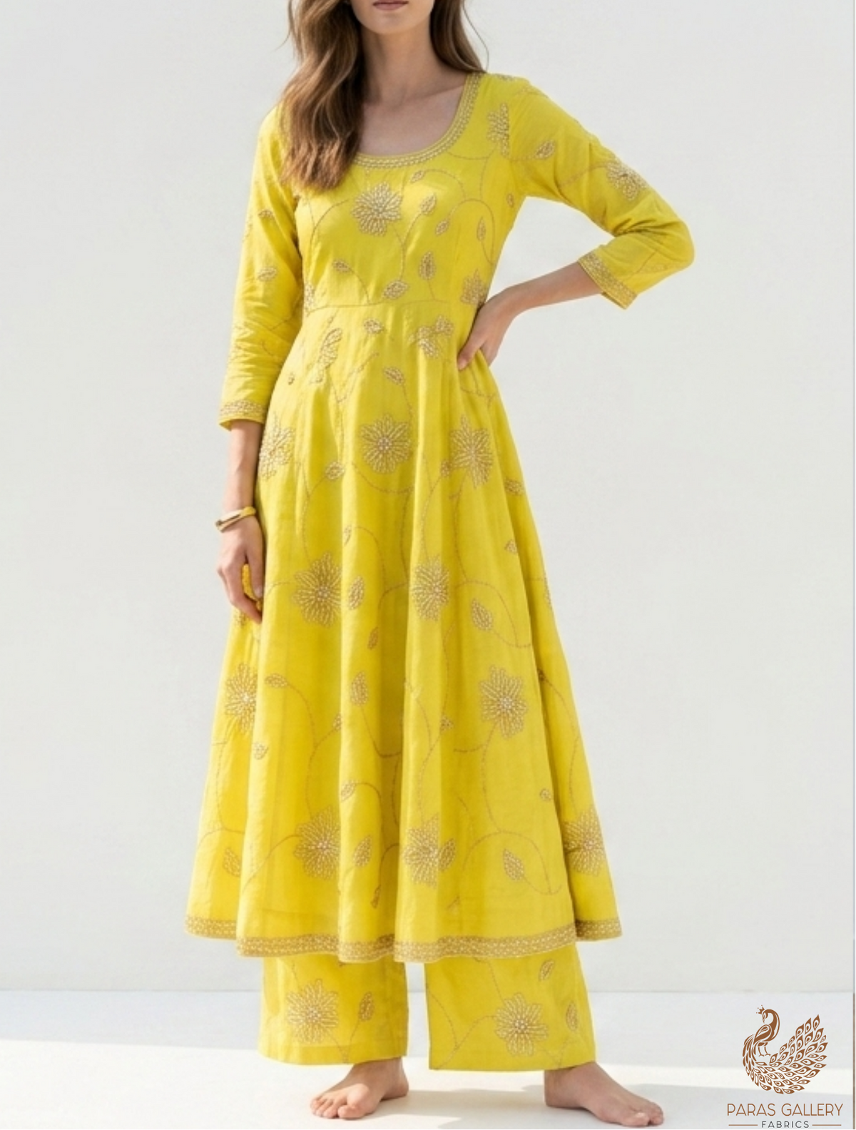Lemon Yellow Cotton Linen Fabric With All Over Zari, Sequins, Katdana And Bead Work 22670