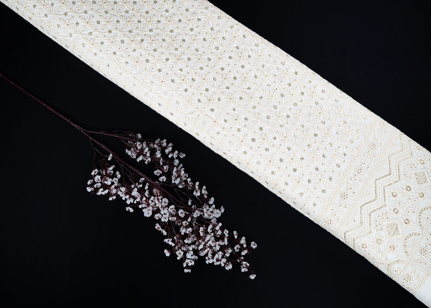 White Dyeable Georgette Fabric With All Over Thread And Sequins Work With One Side Border 22675