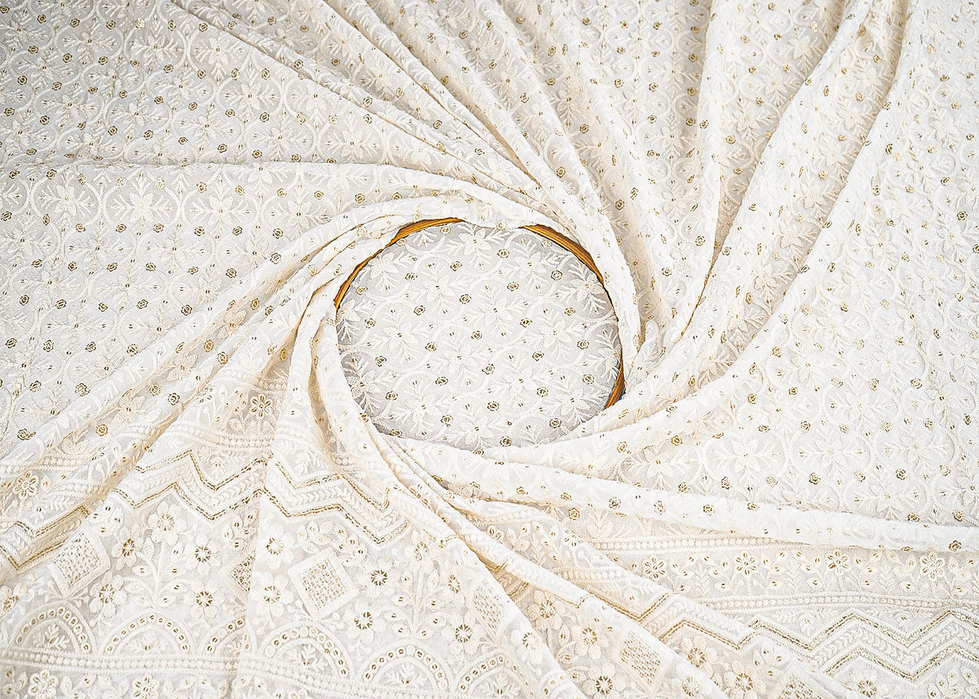 White Dyeable Georgette Fabric With All Over Thread And Sequins Work With One Side Border 22675