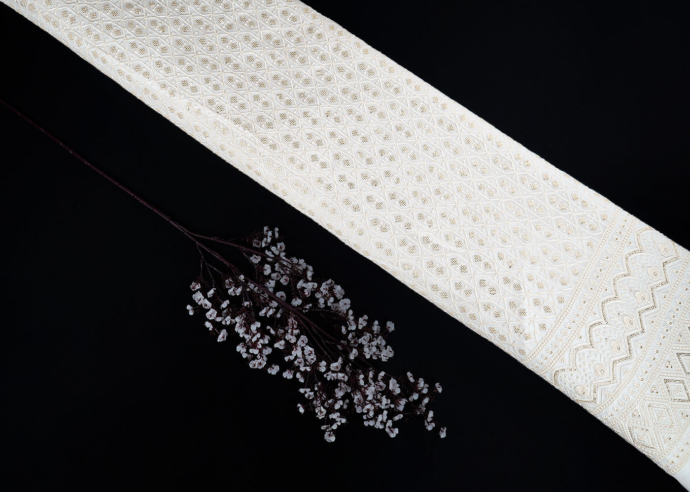 White Dyeable Georgette Fabric With All Over Thread And Sequins Work With One Side Border 22676