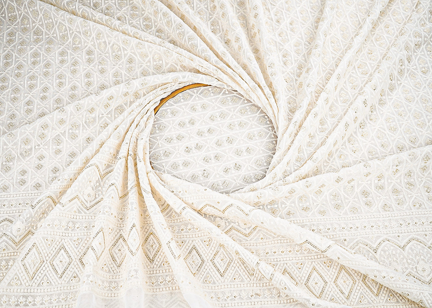 White Dyeable Georgette Fabric With All Over Thread And Sequins Work With One Side Border 22676