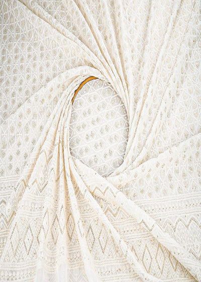 White Dyeable Georgette Fabric With All Over Thread And Sequins Work With One Side Border 22676