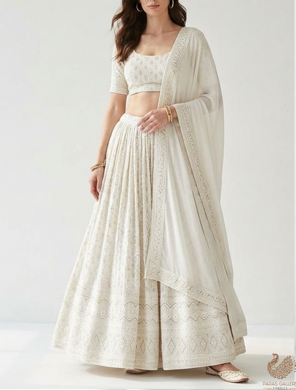 White Dyeable Georgette Fabric With All Over Thread And Sequins Work With One Side Border 22676