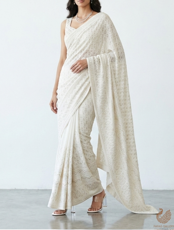 White Dyeable Georgette Fabric With All Over Thread And Sequins Work With One Side Border 22676