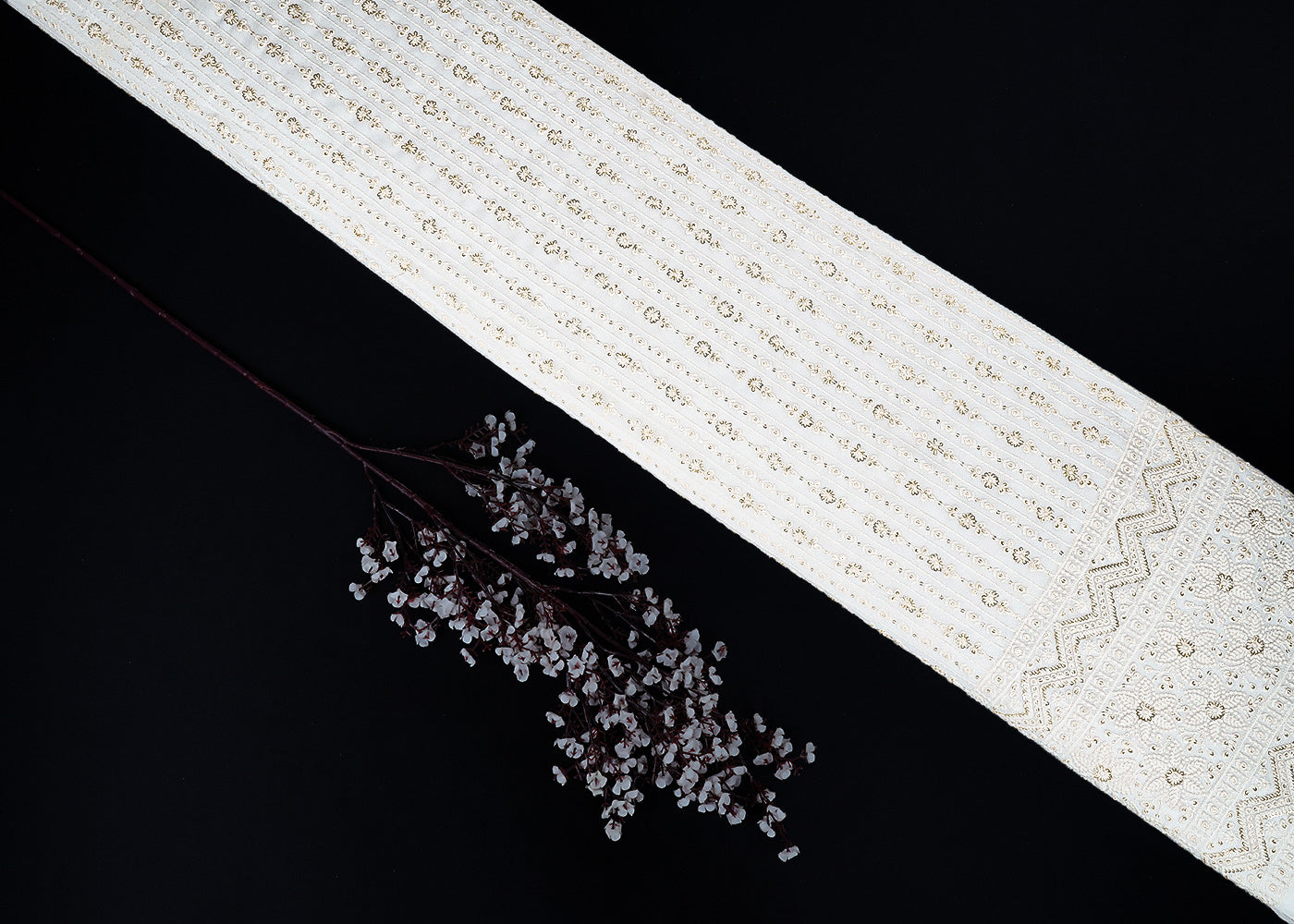 White Dyeable Georgette Fabric With All Over Thread And Sequins Work With One Side Border 22677