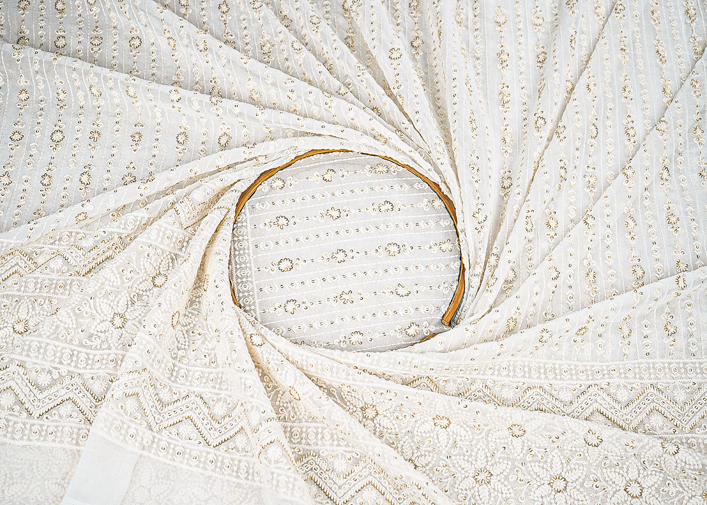 White Dyeable Georgette Fabric With All Over Thread And Sequins Work With One Side Border 22677