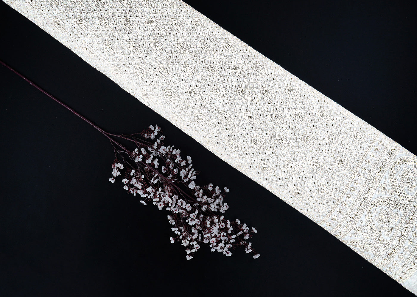 White Dyeable Georgette Fabric With All Over Thread And Sequins Work With One Side Border 22678