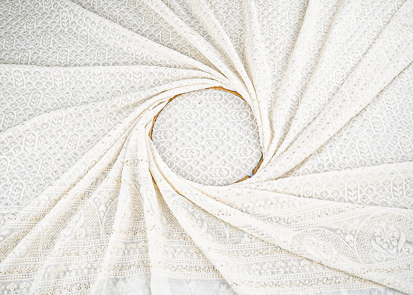 White Dyeable Georgette Fabric With All Over Thread And Sequins Work With One Side Border 22678