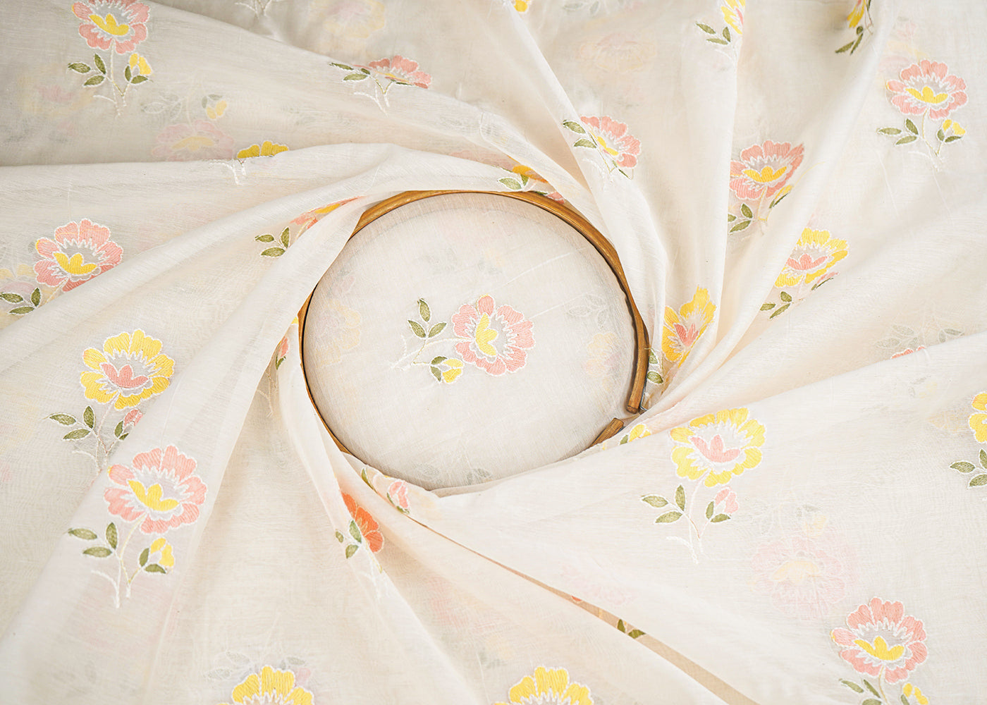 White Dyeable Mul Chanderi Fabric With All Over Pastel Floral Buti Thread Work 22696