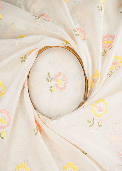 White Dyeable Mul Chanderi Fabric With All Over Pastel Floral Buti Thread Work 22696