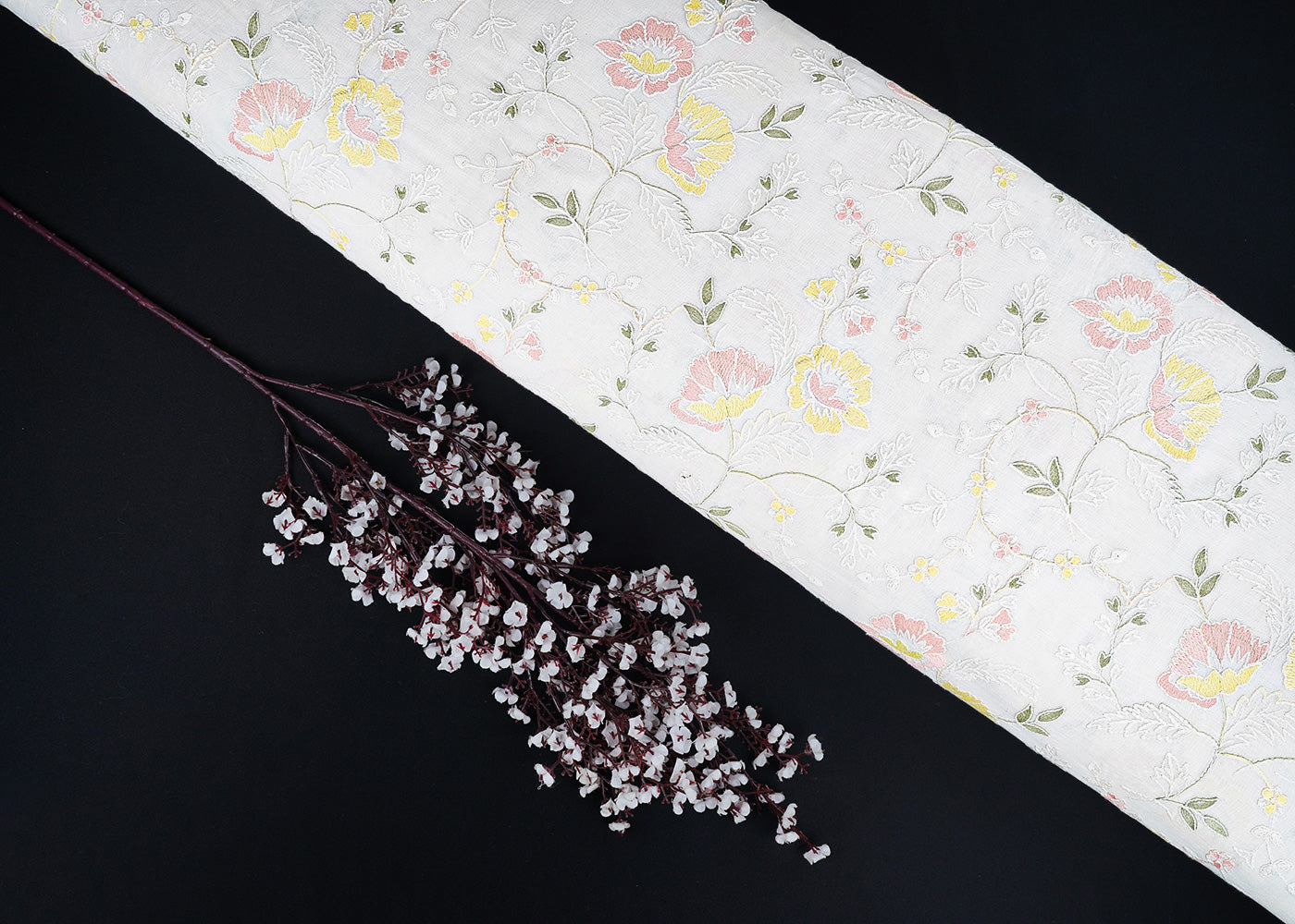 White Dyeable Chanderi Fabric With All Over Pastel Yellow Floral Thread Work 22698