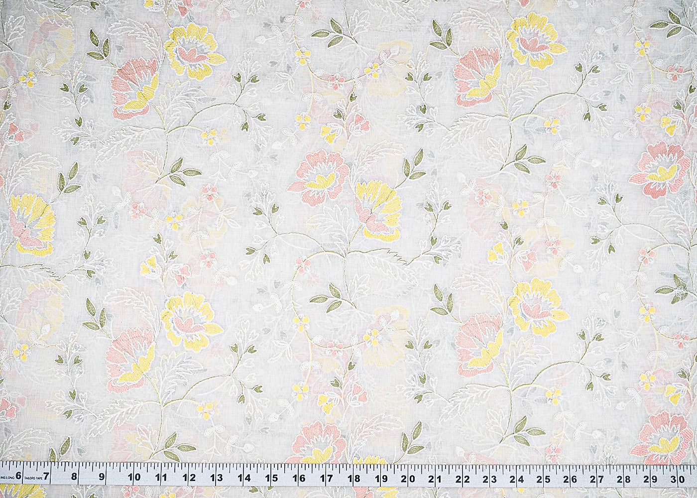 White Dyeable Chanderi Fabric With All Over Pastel Yellow Floral Thread Work 22698