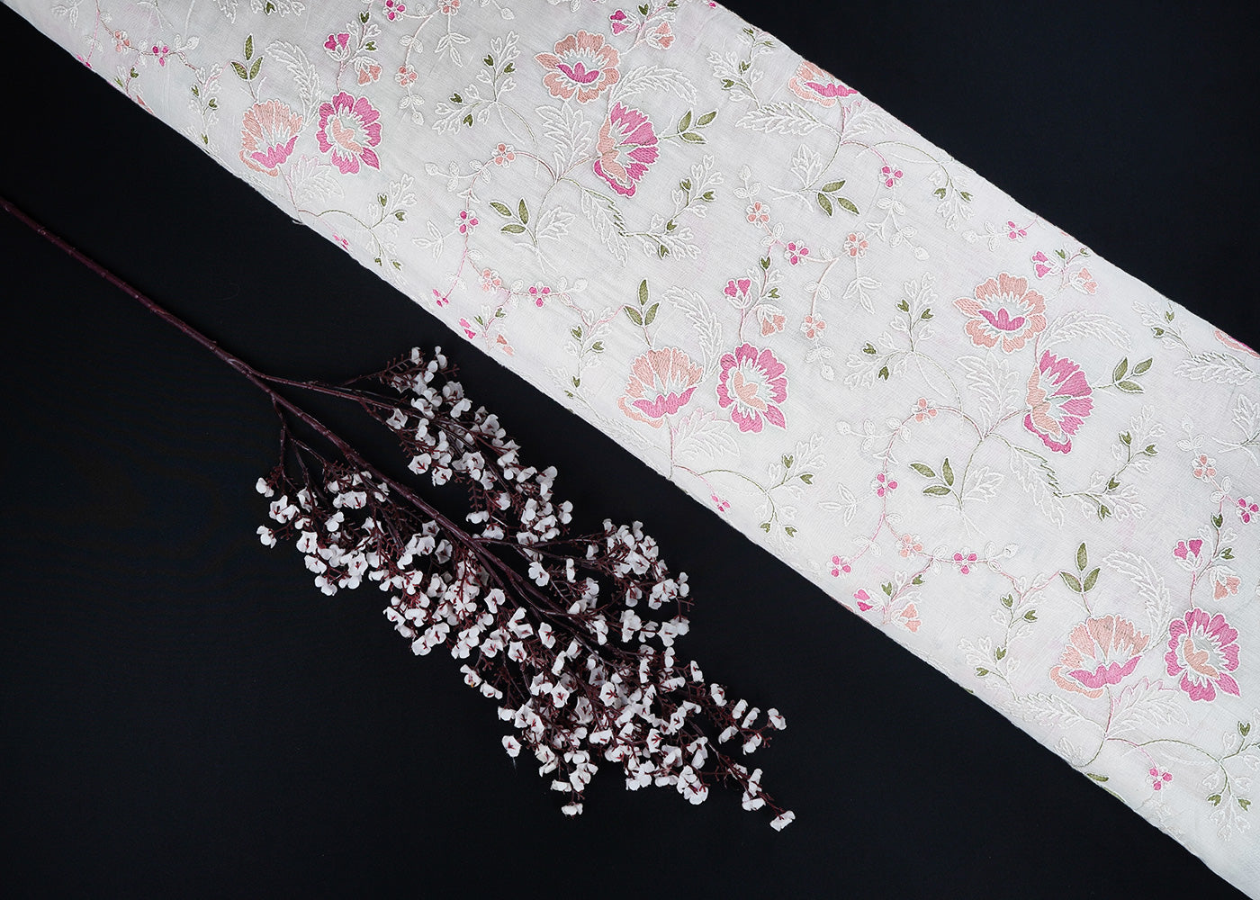 White Dyeable Chanderi Fabric With All Over Pastel Peach Floral Thread Work 22699