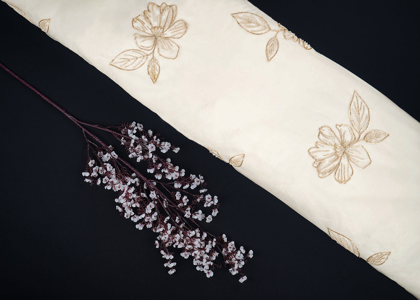 White Dyeable Pure Organza Fabric With All Over Floral Butta Of Zari, Katdana, And Bead Work 22703