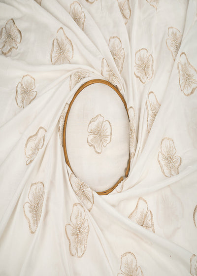 White Dyeable Muslin Fabric With All Over Floral Butta Of Zari, Bead And Katdana Work  22704