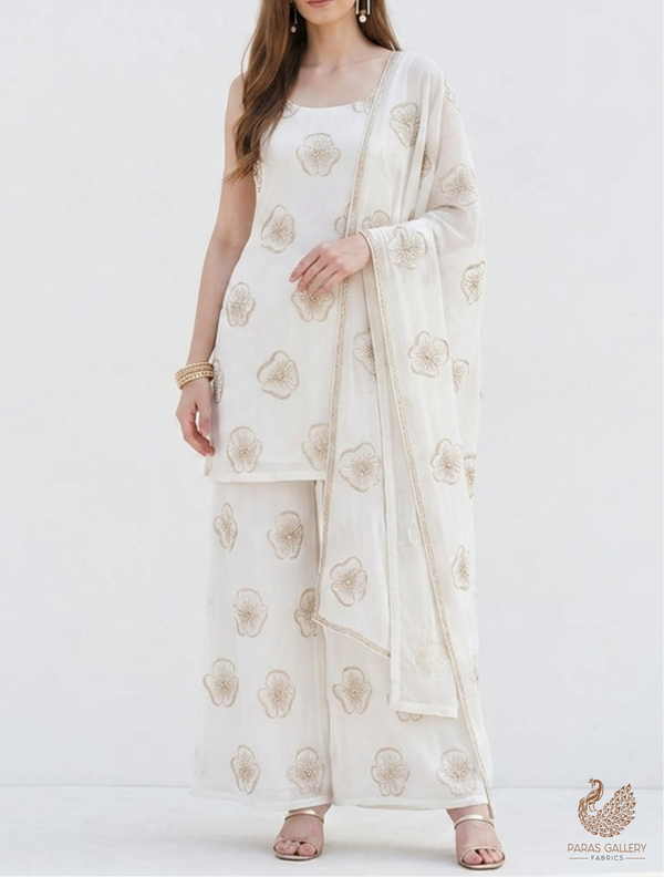 White Dyeable Muslin Fabric With All Over Floral Butta Of Zari, Bead And Katdana Work  22704
