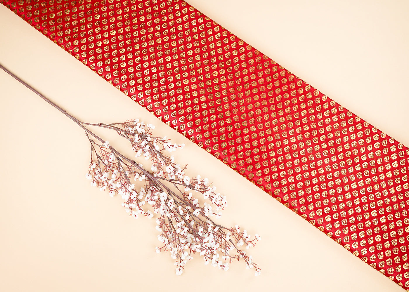 Red Banarasi Brocade Fabric With All Over Golden Zari Handloom 22706