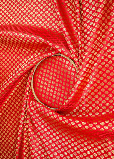 Red Banarasi Brocade Fabric With All Over Golden Zari Handloom 22706