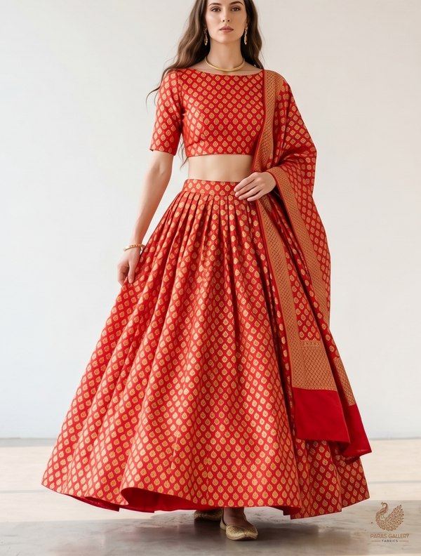 Red Banarasi Brocade Fabric With All Over Golden Zari Handloom 22706