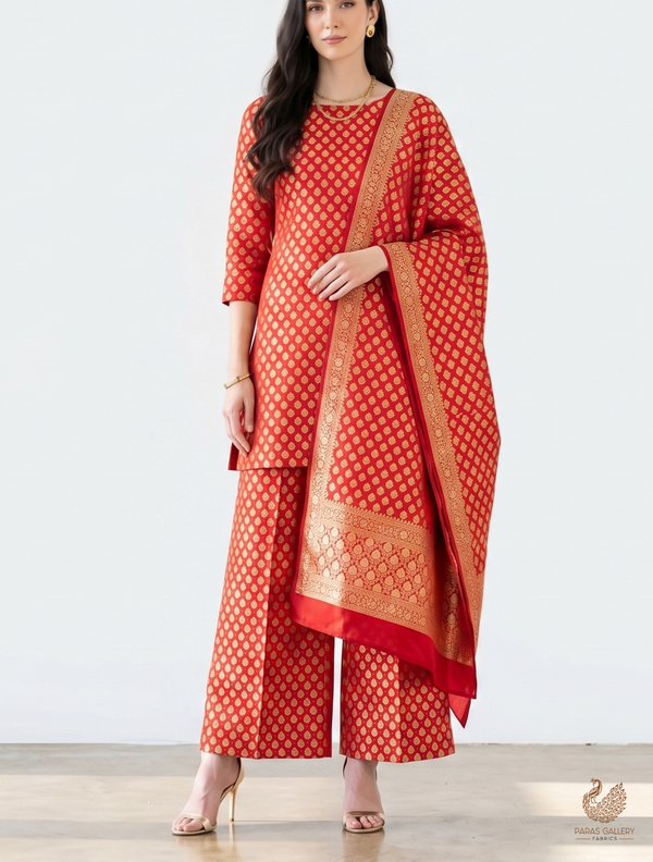 Red Banarasi Brocade Fabric With All Over Golden Zari Handloom 22706