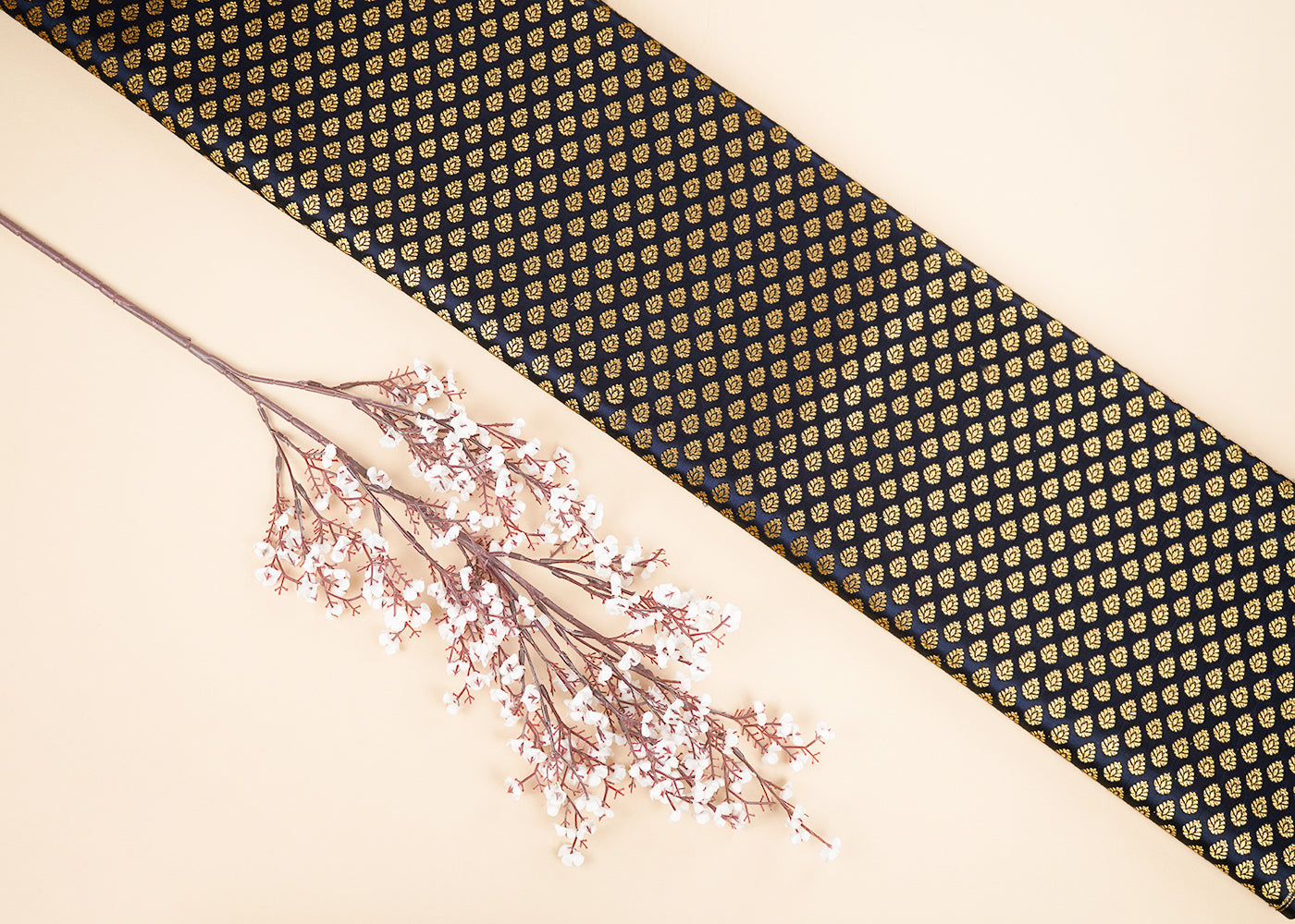 Navy Blue Banarasi Brocade Fabric With All Over Zari Handloom 22707