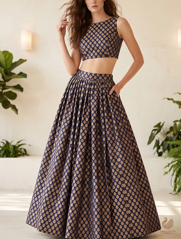 Navy Blue Banarasi Brocade Fabric With All Over Zari Handloom 22707