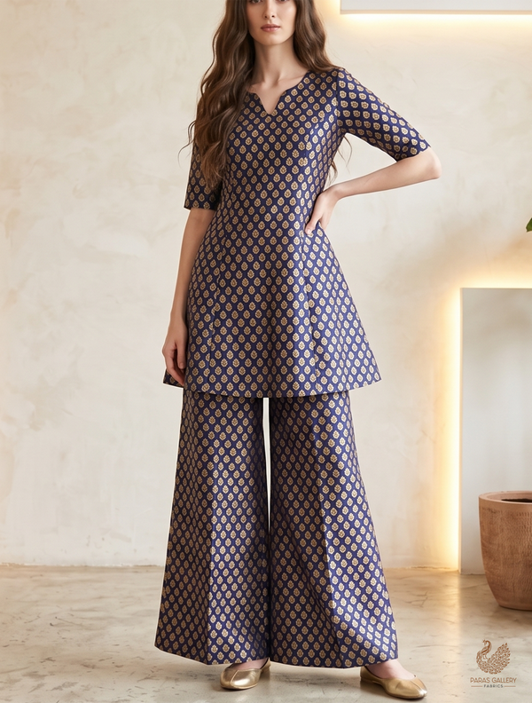 Navy Blue Banarasi Brocade Fabric With All Over Zari Handloom 22707