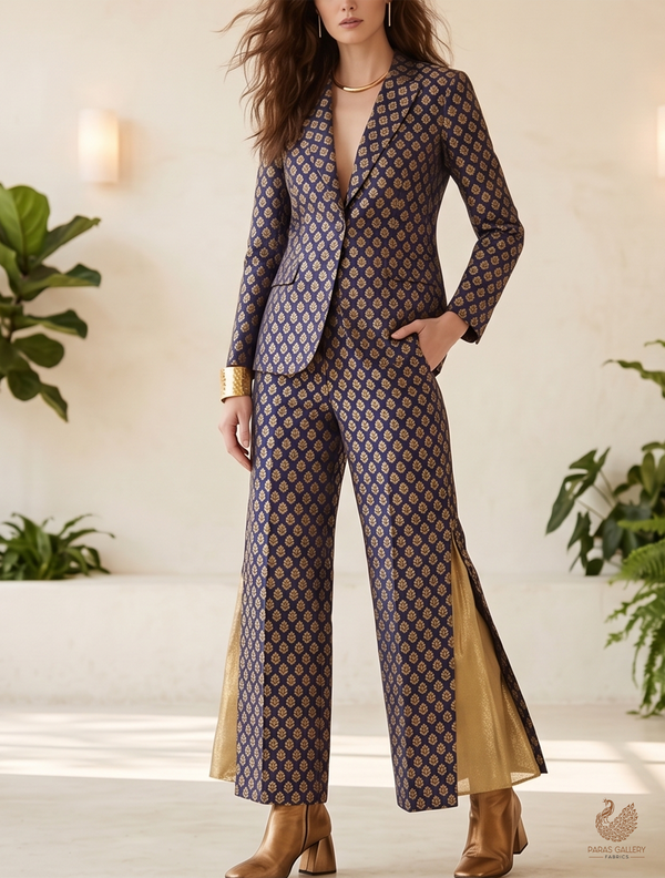 Navy Blue Banarasi Brocade Fabric With All Over Zari Handloom 22707