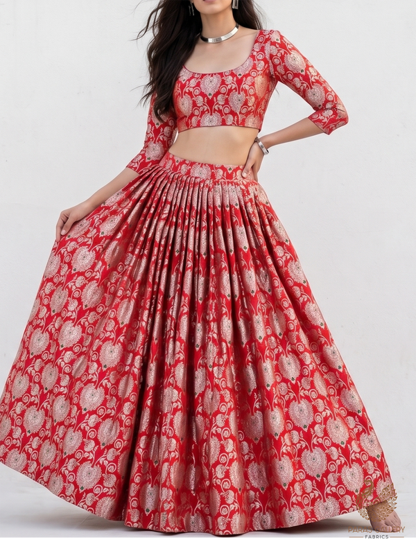Red Banarasi Brocade Fabric With All Over Golden Zari Handloom 22715