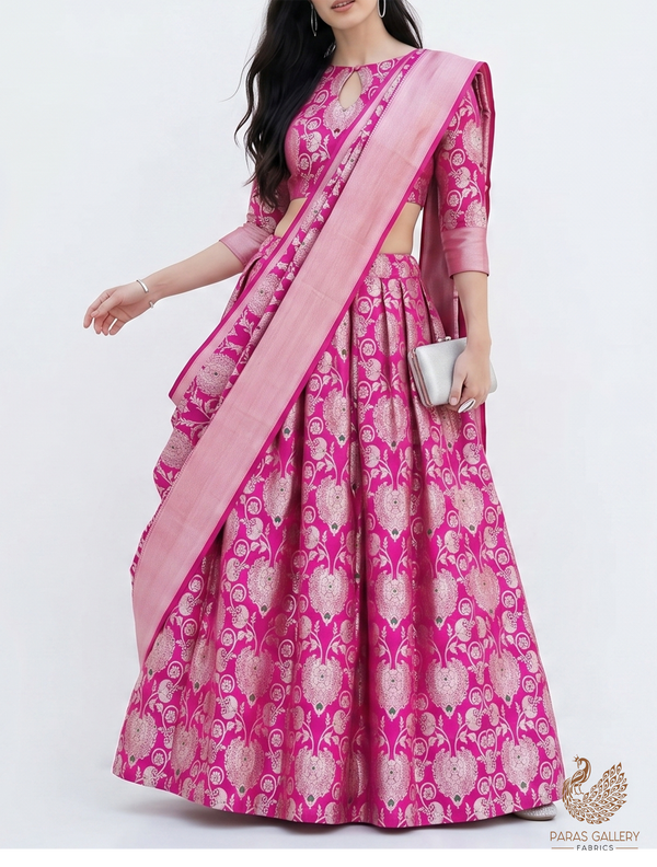 Magenta Banarasi Brocade Fabric With All Over Golden Zari Handloom 22716