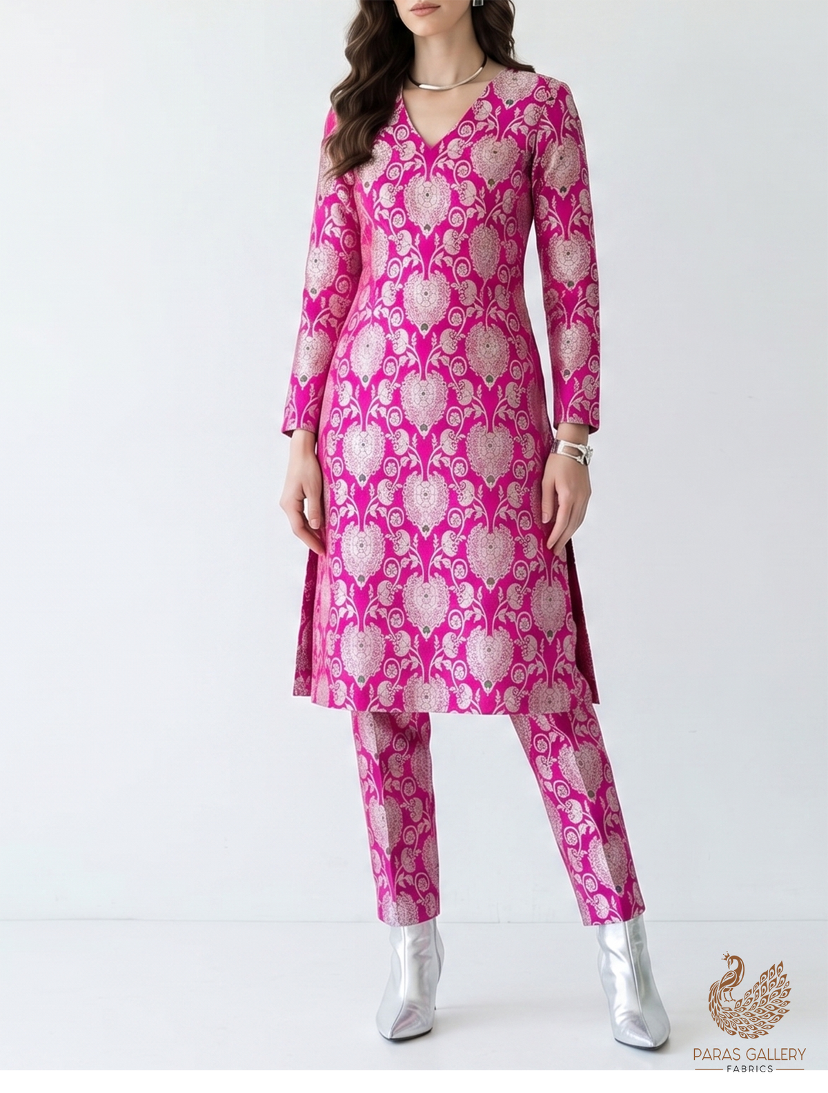 Magenta Banarasi Brocade Fabric With All Over Golden Zari Handloom 22716