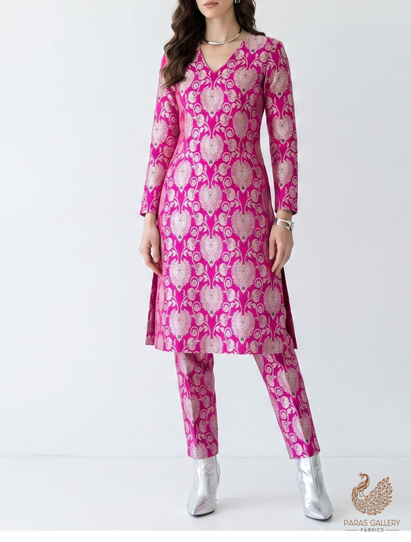 Magenta Banarasi Brocade Fabric With All Over Golden Zari Handloom 22716