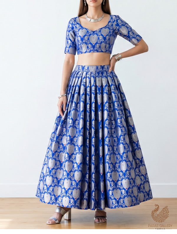 Blue Banarasi Brocade Fabric With All Over Golden Zari Handloom 22717