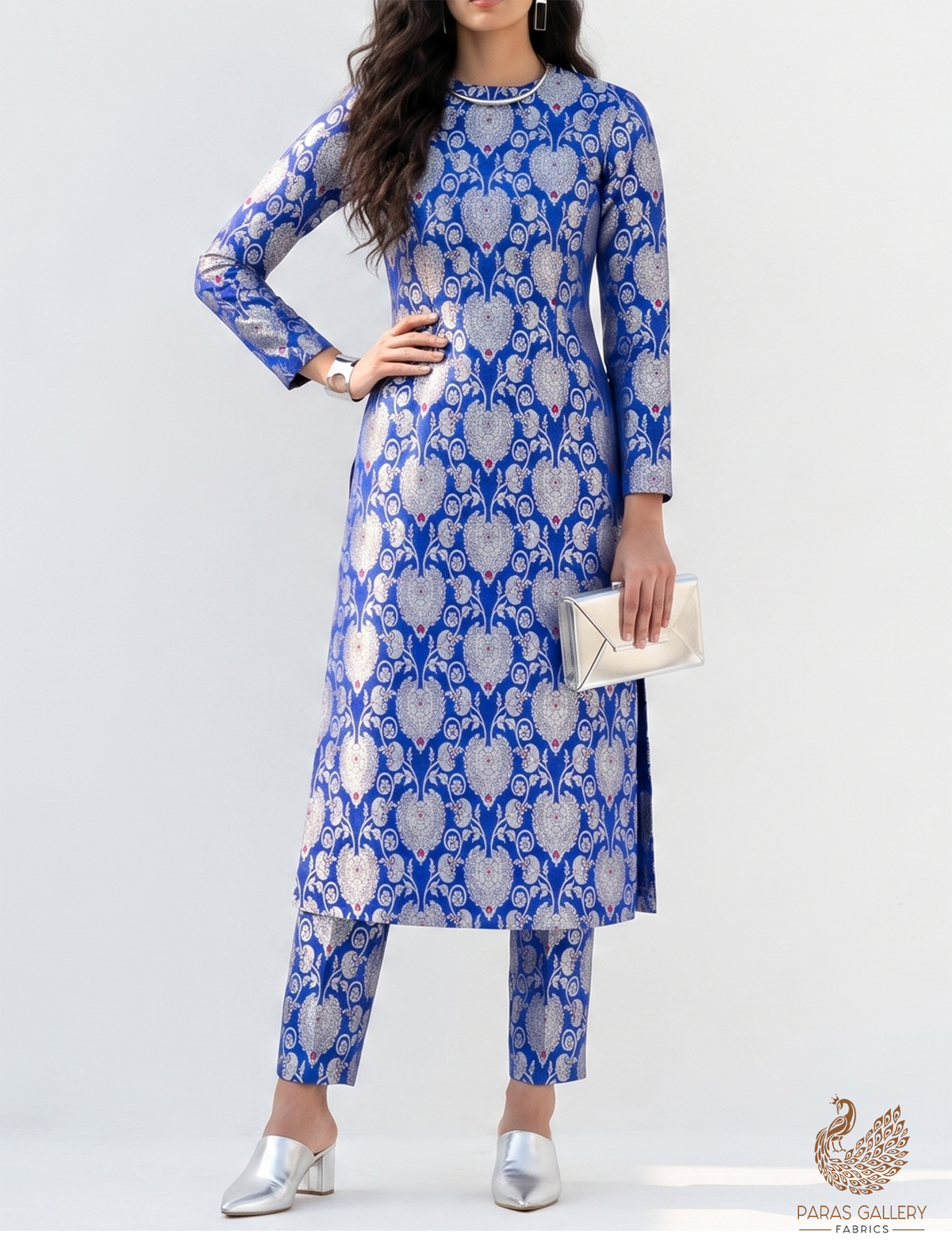 Blue Banarasi Brocade Fabric With All Over Golden Zari Handloom 22717