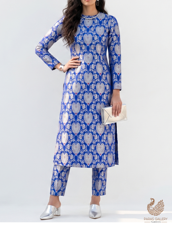 Blue Banarasi Brocade Fabric With All Over Golden Zari Handloom 22717