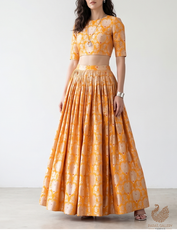 Mustard Banarasi Brocade Fabric With All Over Golden Zari Handloom 22719