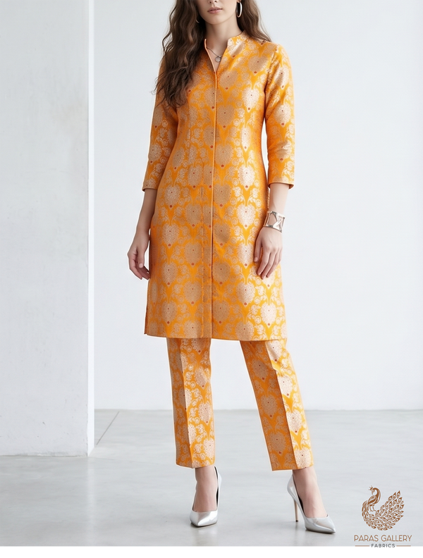 Mustard Banarasi Brocade Fabric With All Over Golden Zari Handloom 22719