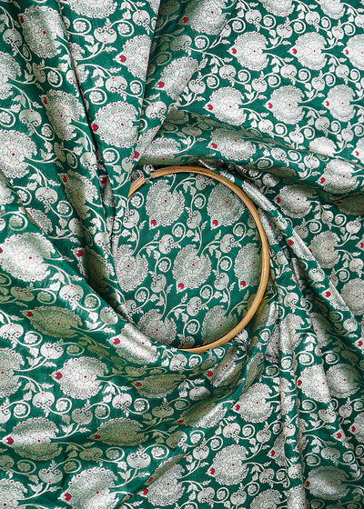 Bottle Green Banarasi Brocade Fabric With All Over Golden Zari Handloom 22721