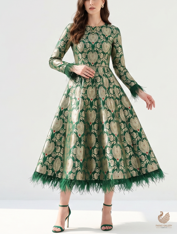 Bottle Green Banarasi Brocade Fabric With All Over Golden Zari Handloom 22721