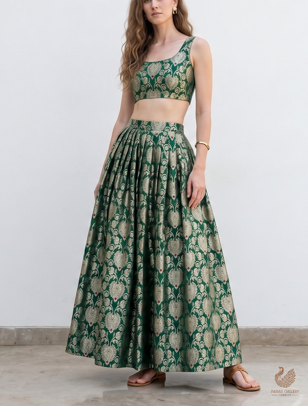Bottle Green Banarasi Brocade Fabric With All Over Golden Zari Handloom 22721